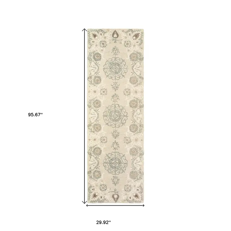 8' Sand Wool Floral Hand Tufted Runner Rug