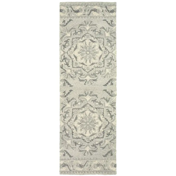 8' Ivory Wool Floral Hand Tufted Runner Rug