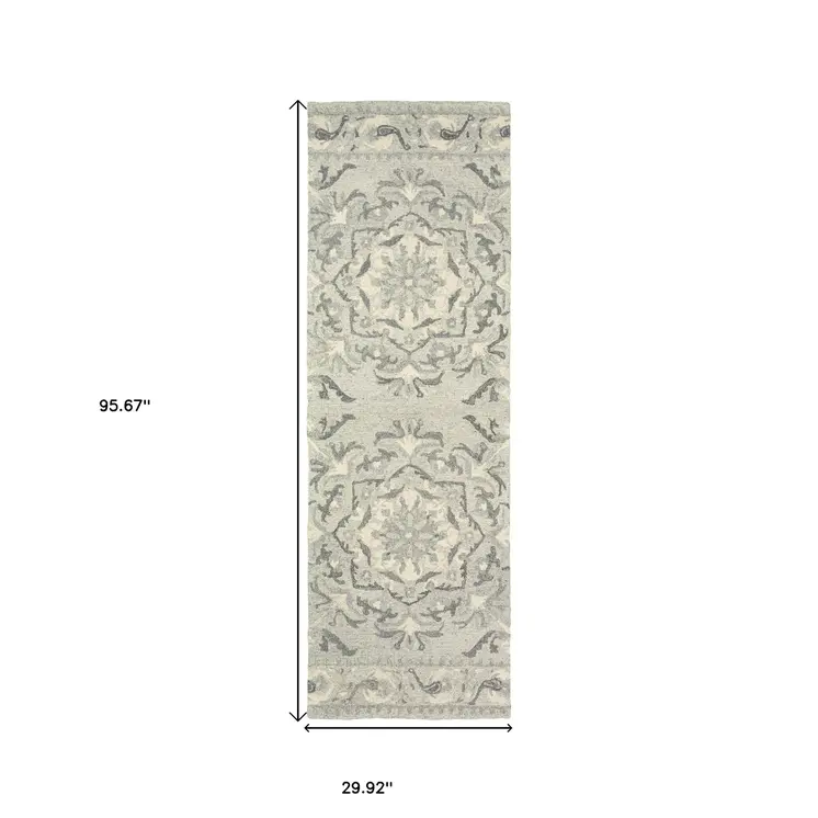8' Ivory Wool Floral Hand Tufted Runner Rug
