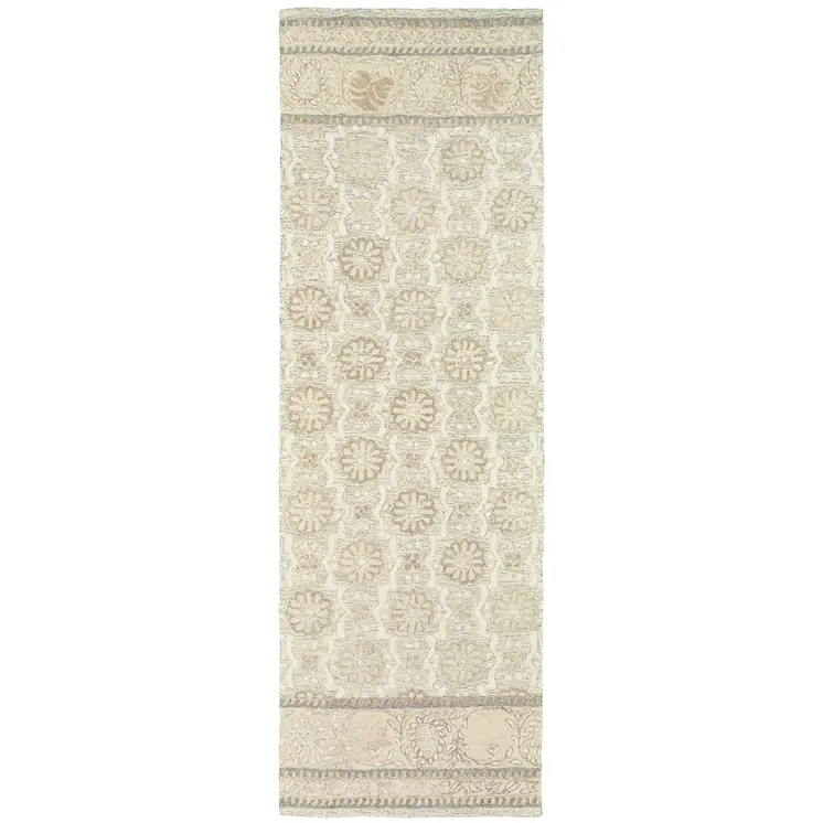 8' Sand Wool Floral Hand Tufted Runner Rug