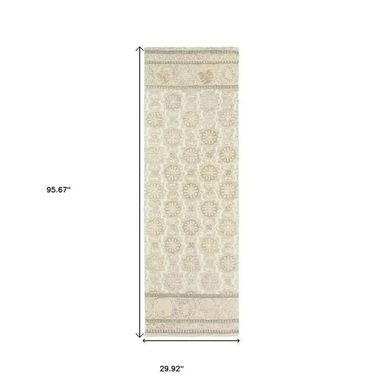 8' Sand Wool Floral Hand Tufted Runner Rug