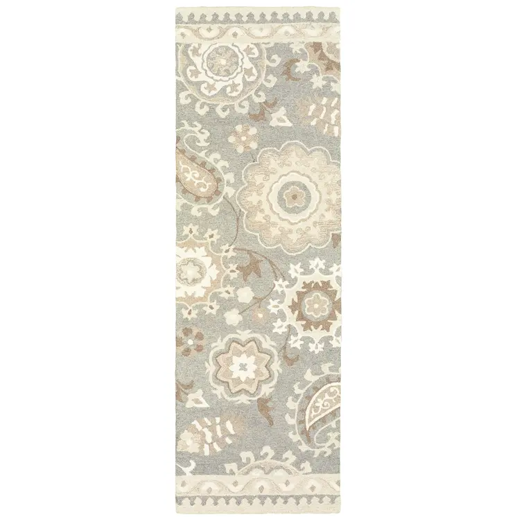 8' Gray And Sand Wool Floral Hand Tufted Runner Rug