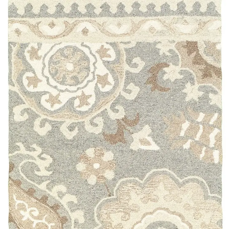 8' Gray And Sand Wool Floral Hand Tufted Runner Rug