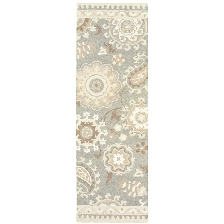 8' Gray And Sand Wool Floral Hand Tufted Runner Rug