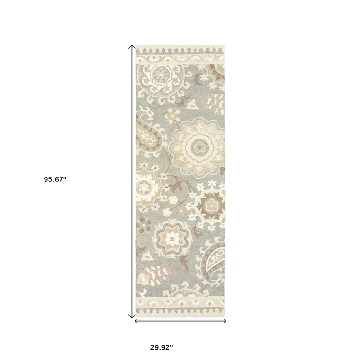8' Gray And Sand Wool Floral Hand Tufted Runner Rug