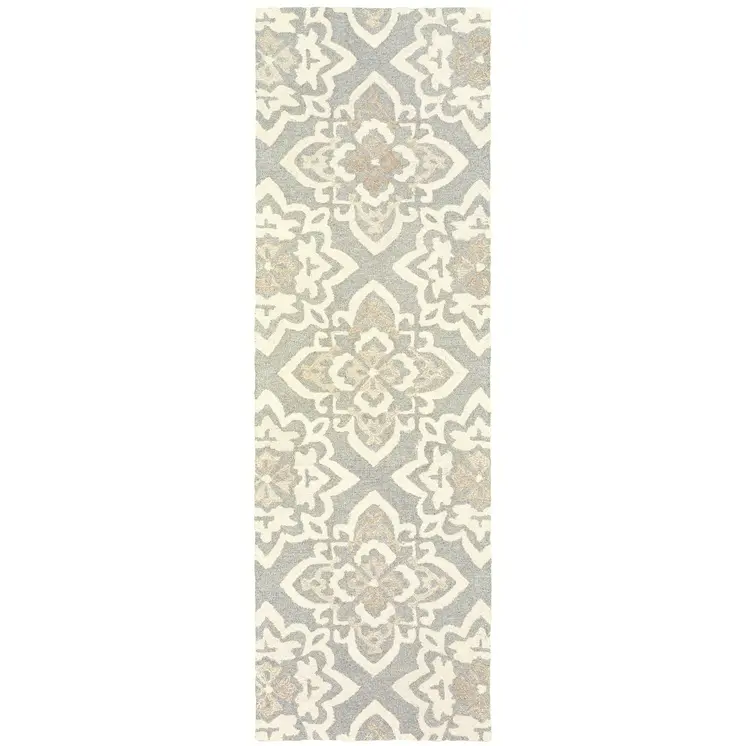 8' Gray And Sand Wool Geometric Hand Tufted Runner Rug