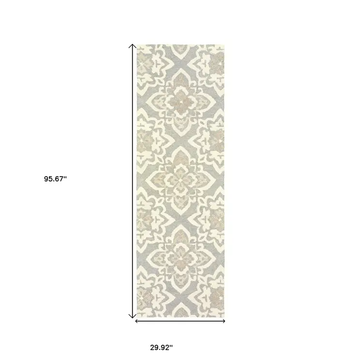 8' Gray And Sand Wool Geometric Hand Tufted Runner Rug