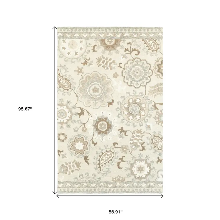 5' X 8' Ivory And Gray Wool Floral Hand Tufted Area Rug