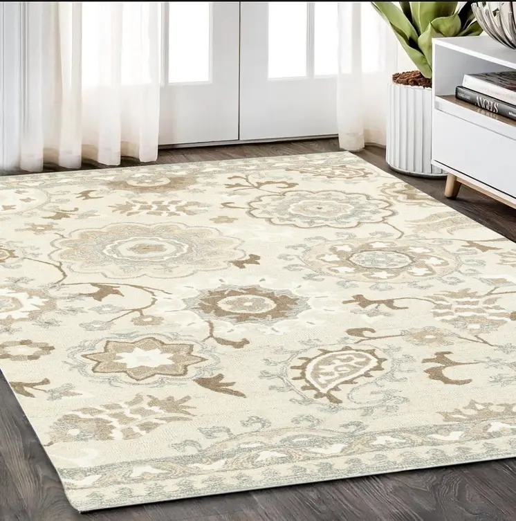 5' X 8' Ivory And Gray Wool Floral Hand Tufted Area Rug