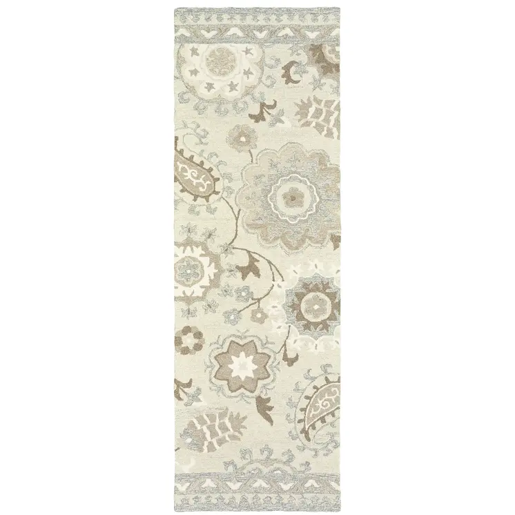 8' Ivory And Gray Wool Floral Hand Tufted Runner Rug