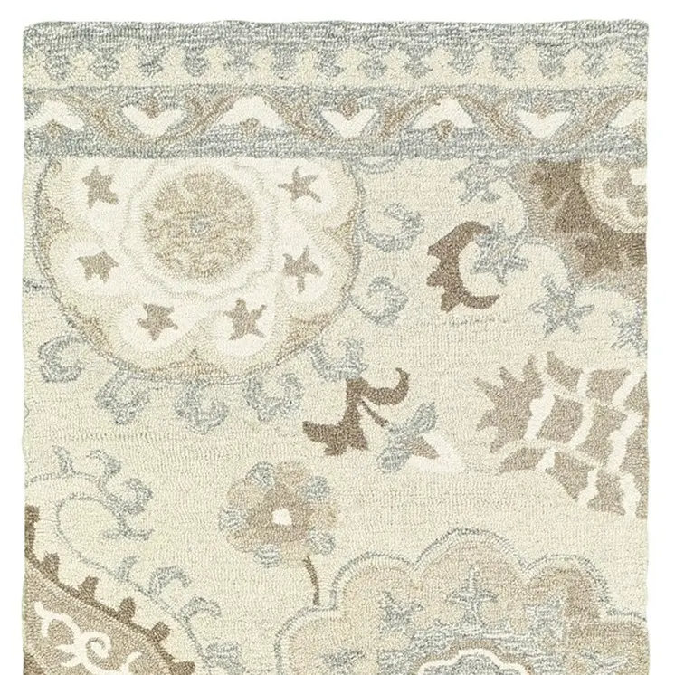 8' Ivory And Gray Wool Floral Hand Tufted Runner Rug