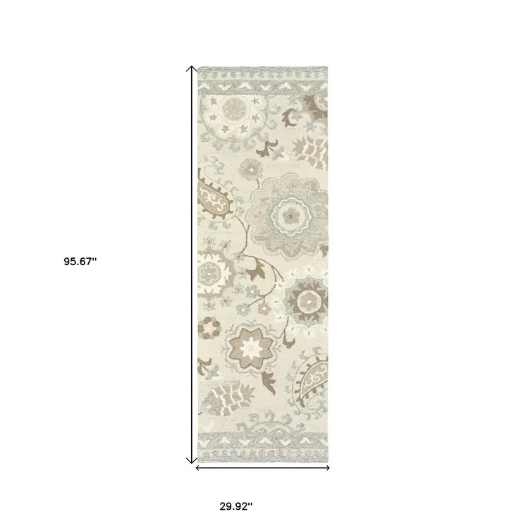 8' Ivory And Gray Wool Floral Hand Tufted Runner Rug