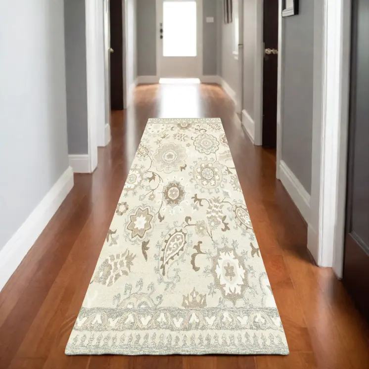 8' Ivory And Gray Wool Floral Hand Tufted Runner Rug