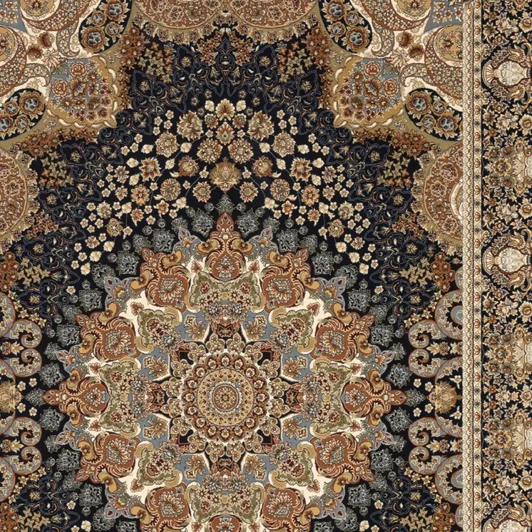 7' X 10' Navy Blue Tan And Black Medallion Area Rug With Fringe