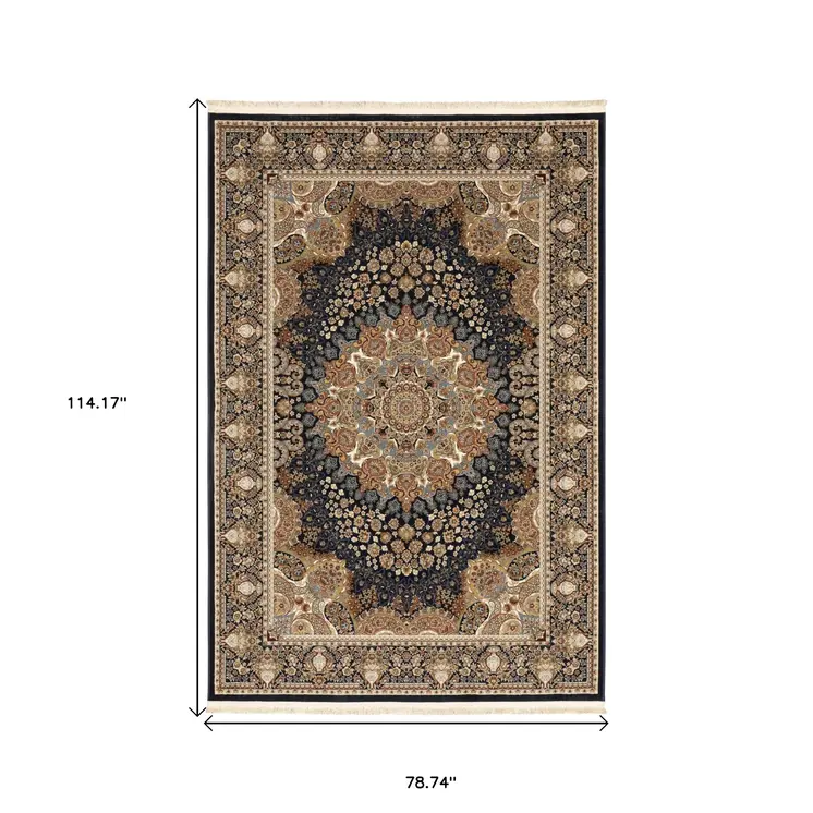 7' X 10' Navy Blue Tan And Black Medallion Area Rug With Fringe