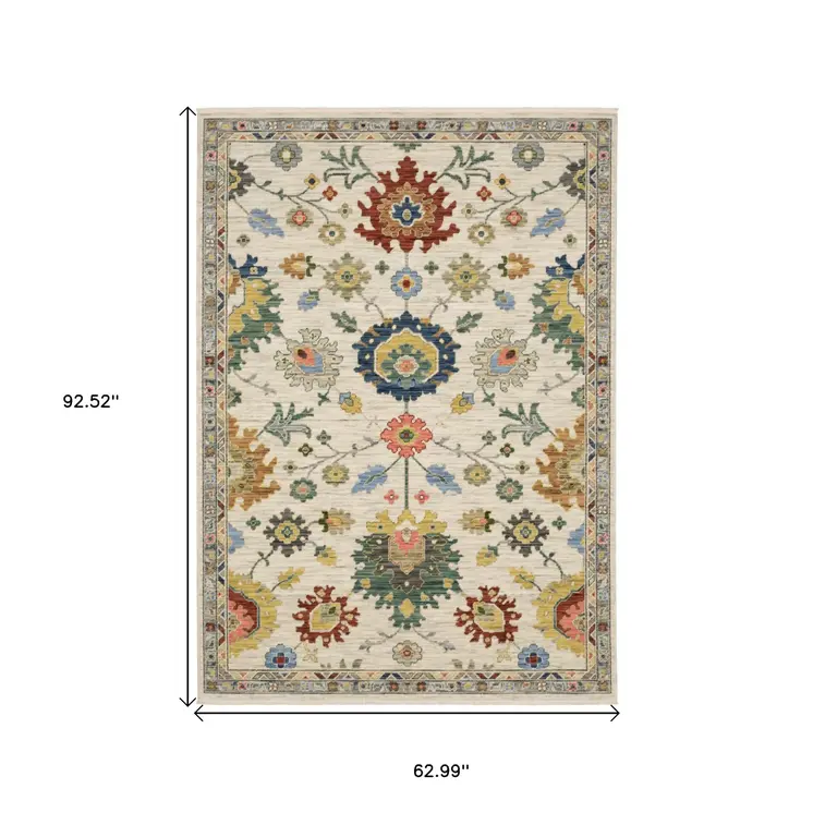 5' X 8' Ivory Blue And Yellow Oriental Area Rug With Fringe