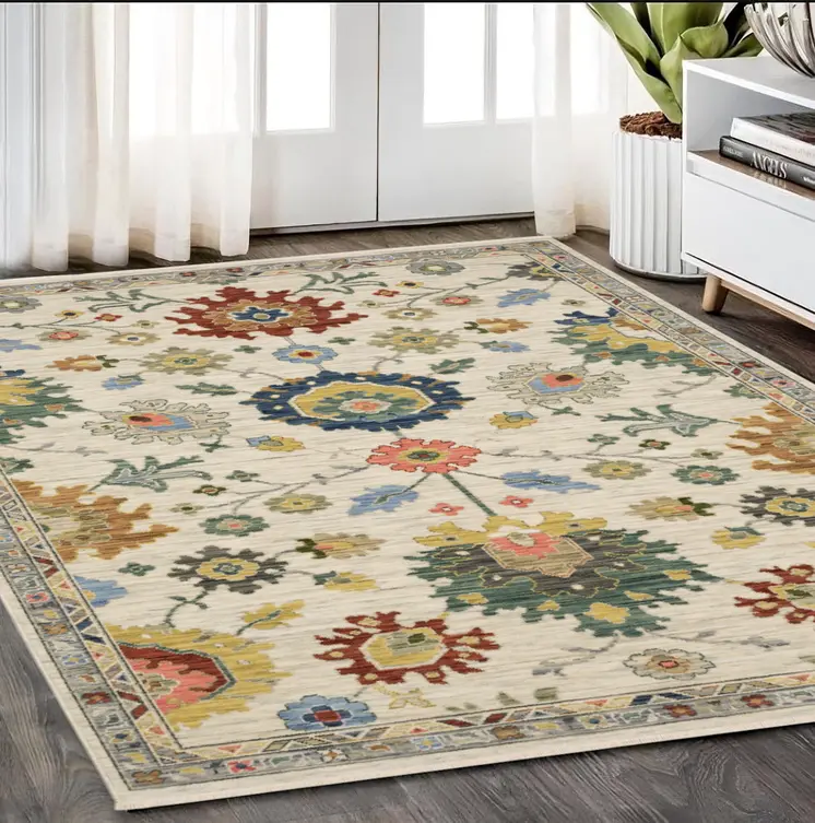 5' X 8' Ivory Blue And Yellow Oriental Area Rug With Fringe