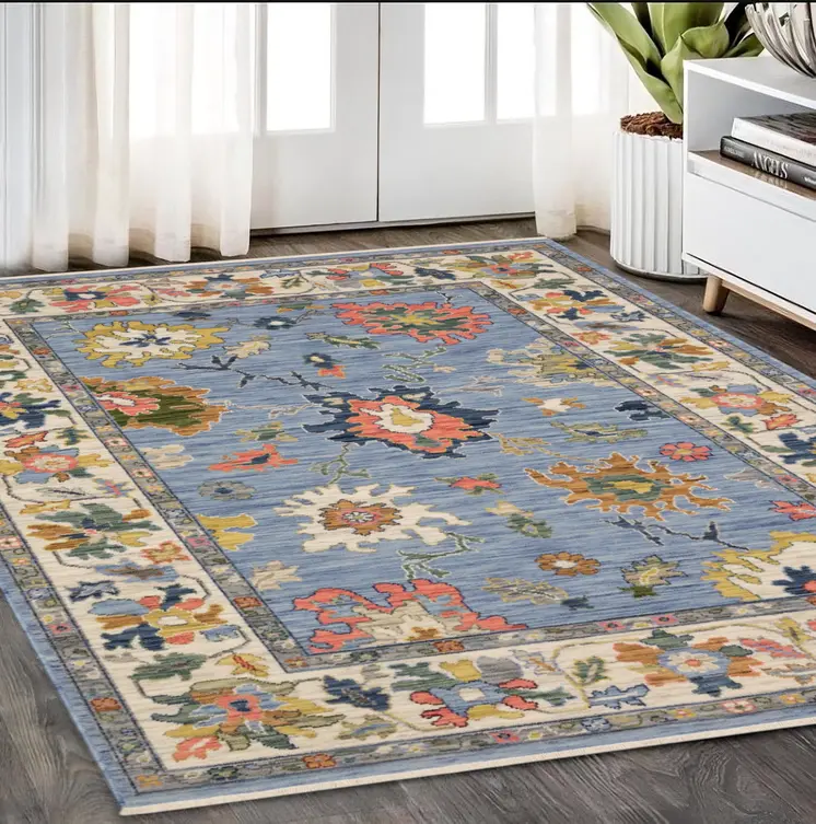 5' X 8' Blue Yellow And Salmon Oriental Area Rug With Fringe