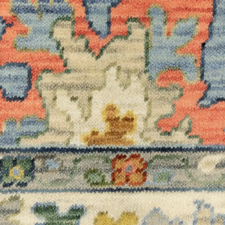 5' X 8' Blue Yellow And Salmon Oriental Area Rug With Fringe