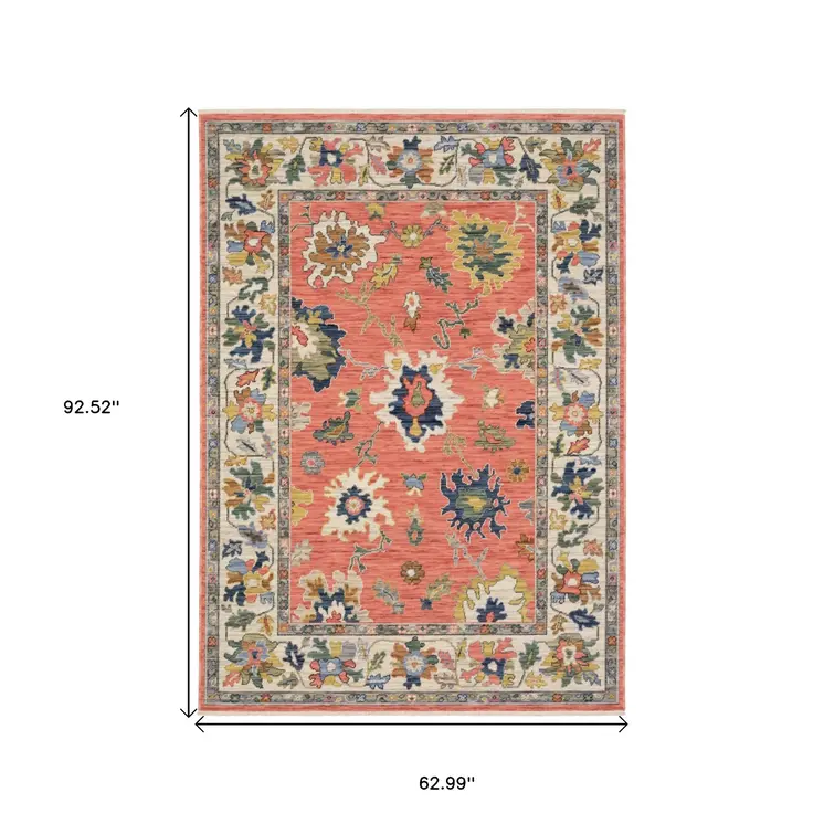 5' X 8' Salmon Blue And Yellow Oriental Area Rug With Fringe