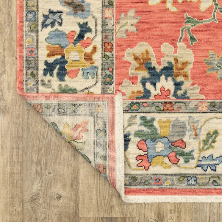 5' X 8' Salmon Blue And Yellow Oriental Area Rug With Fringe