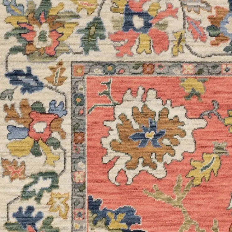 5' X 8' Salmon Blue And Yellow Oriental Area Rug With Fringe
