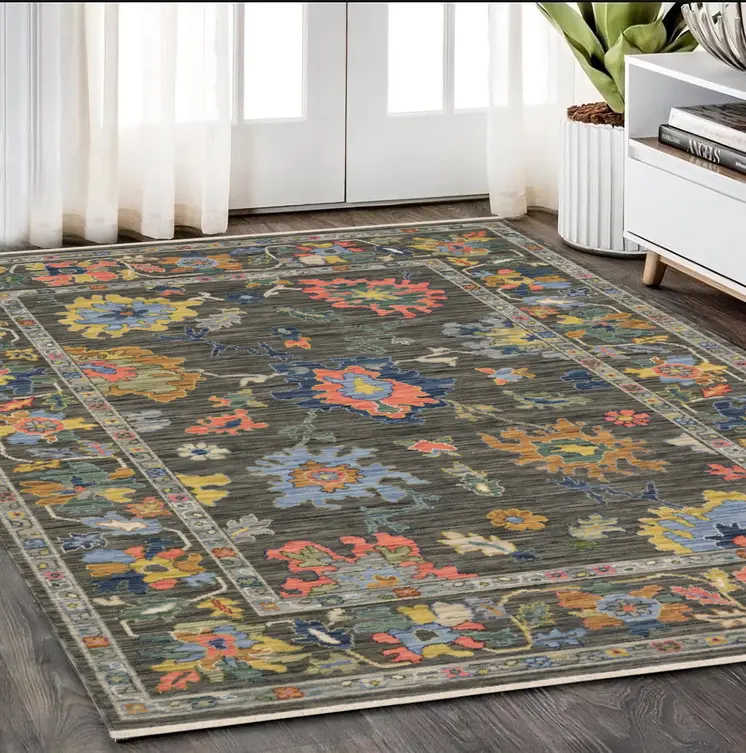 5' X 8' Gray Blue And Yellow Oriental Area Rug With Fringe