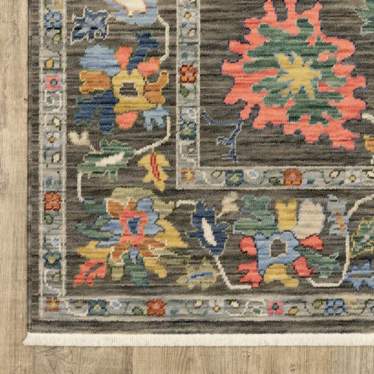 5' X 8' Gray Blue And Yellow Oriental Area Rug With Fringe