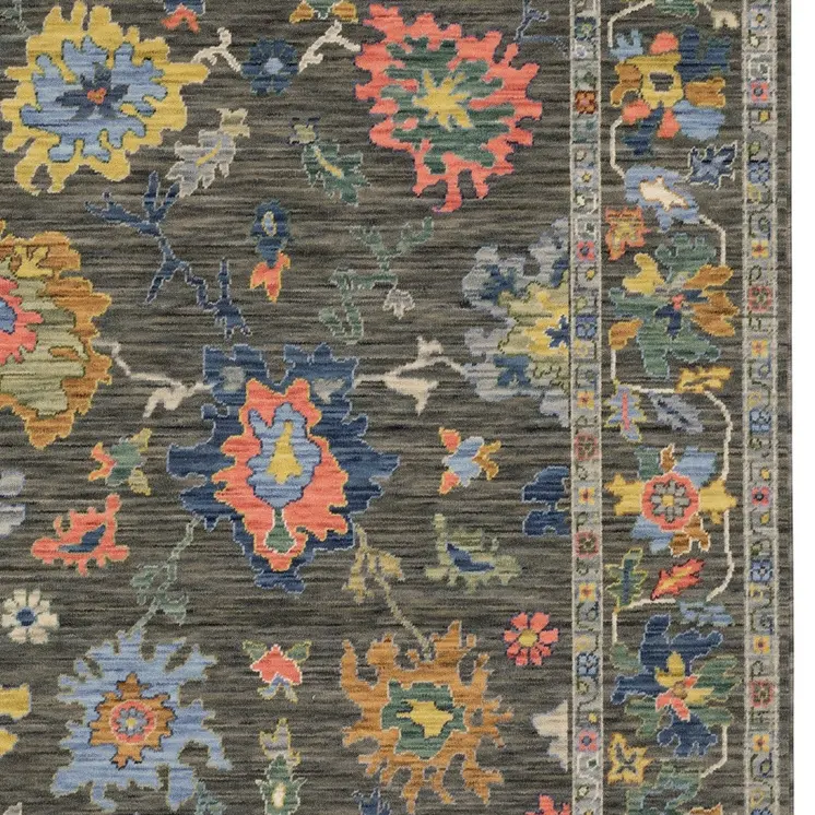 5' X 8' Gray Blue And Yellow Oriental Area Rug With Fringe