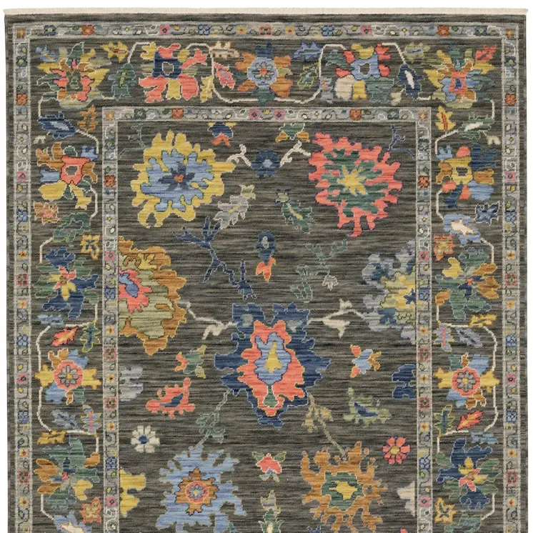 5' X 8' Gray Blue And Yellow Oriental Area Rug With Fringe