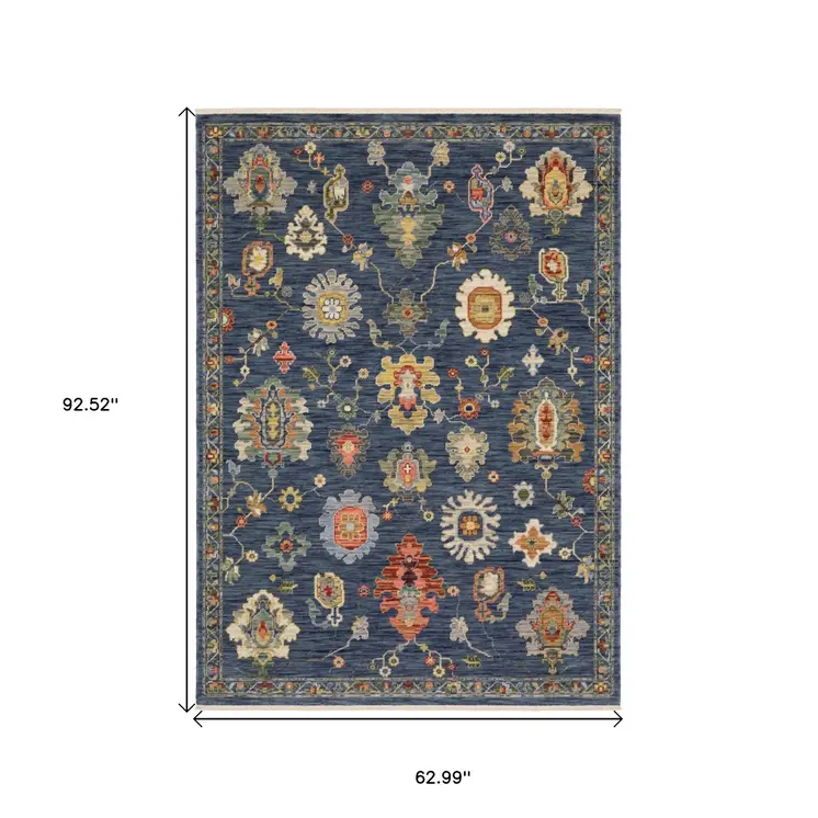 5' X 8' Blue Gray And Red Oriental Area Rug With Fringe