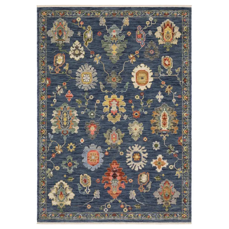 5' X 8' Blue Gray And Red Oriental Area Rug With Fringe