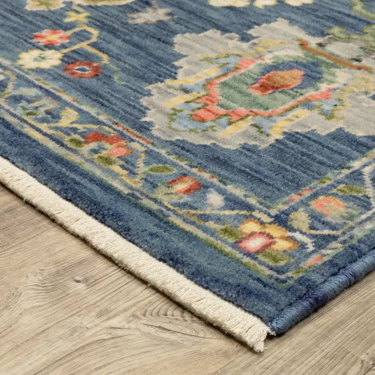 5' X 8' Blue Gray And Red Oriental Area Rug With Fringe