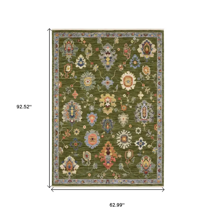 5' X 8' Green Blue And Yellow Oriental Area Rug With Fringe