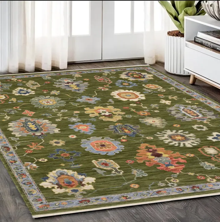 5' X 8' Green Blue And Yellow Oriental Area Rug With Fringe
