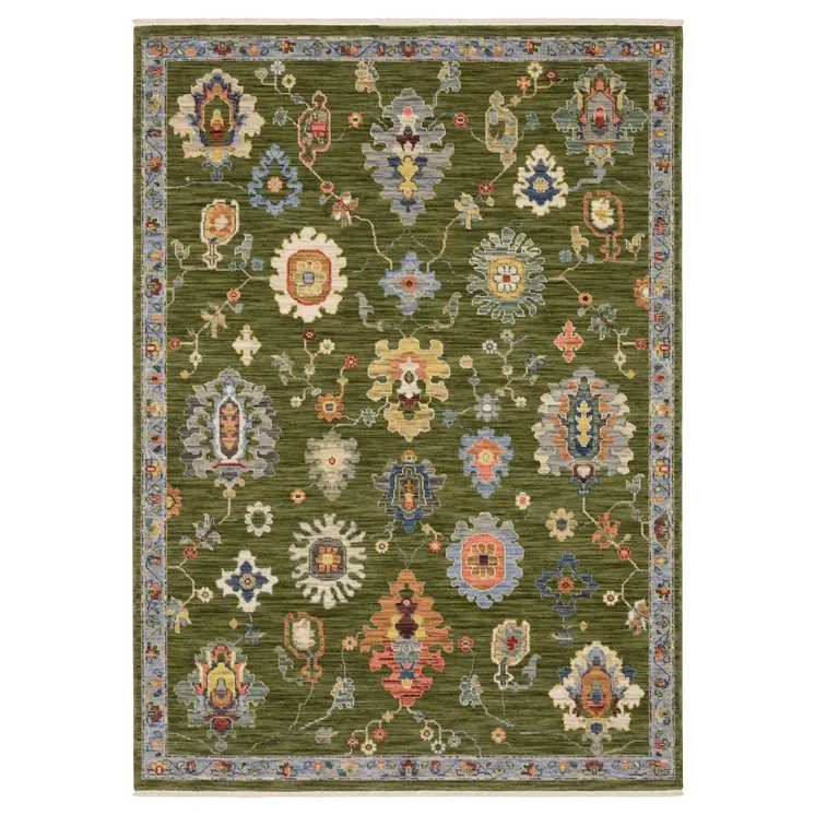 5' X 8' Green Blue And Yellow Oriental Area Rug With Fringe