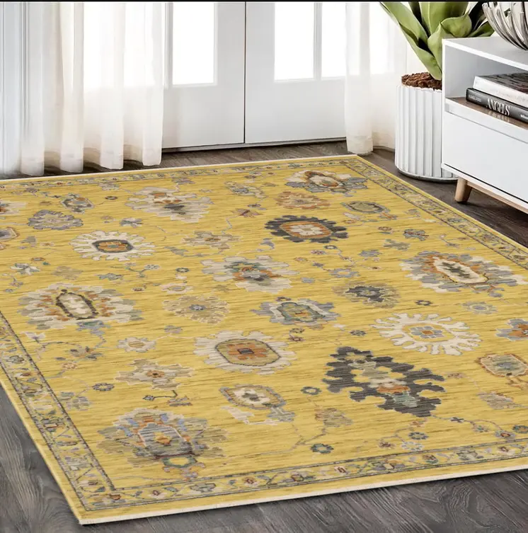 5' X 8' Yellow Gray And Black Oriental Area Rug With Fringe