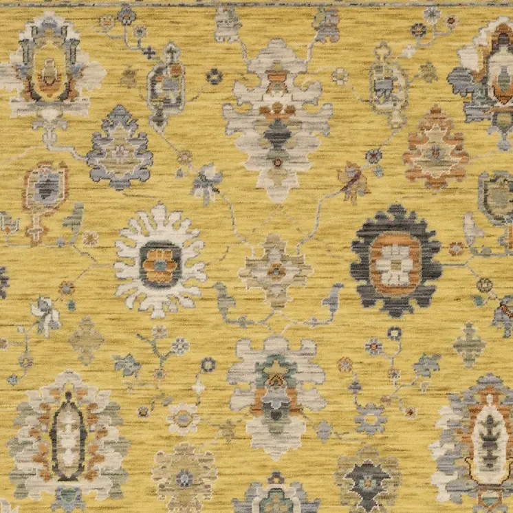 5' X 8' Yellow Gray And Black Oriental Area Rug With Fringe