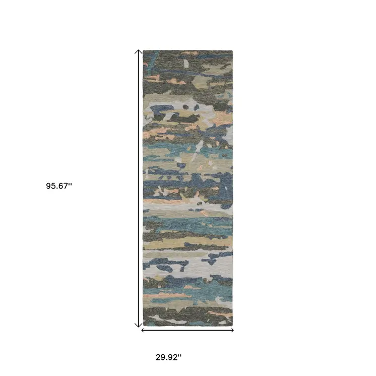 8' Gray And Blue Wool Abstract Hand Tufted Runner Rug