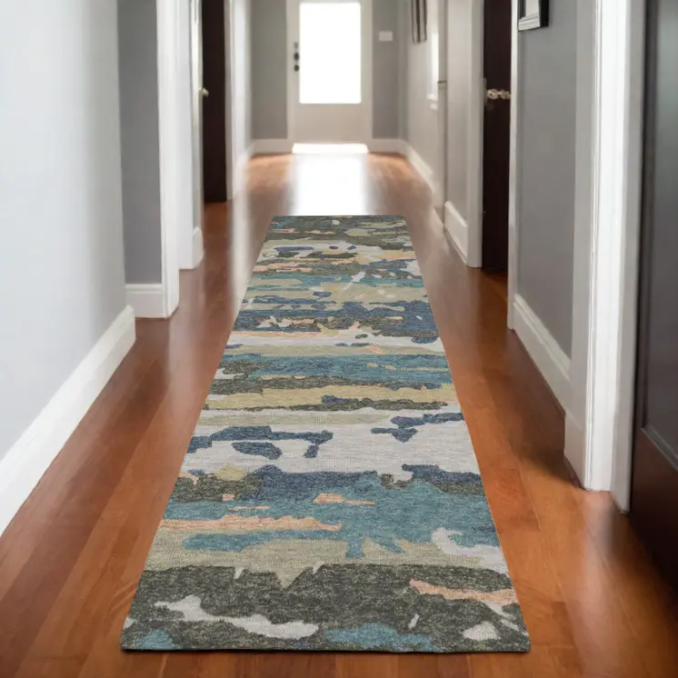 8' Gray And Blue Wool Abstract Hand Tufted Runner Rug