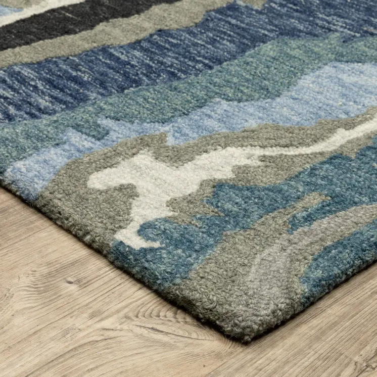 8' Gray And Blue Wool Abstract Hand Tufted Runner Rug