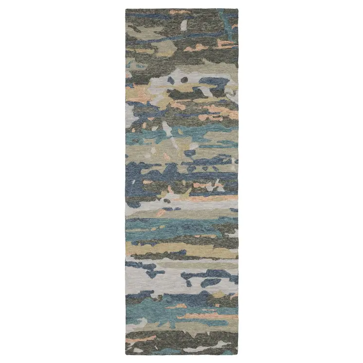 8' Gray And Blue Wool Abstract Hand Tufted Runner Rug