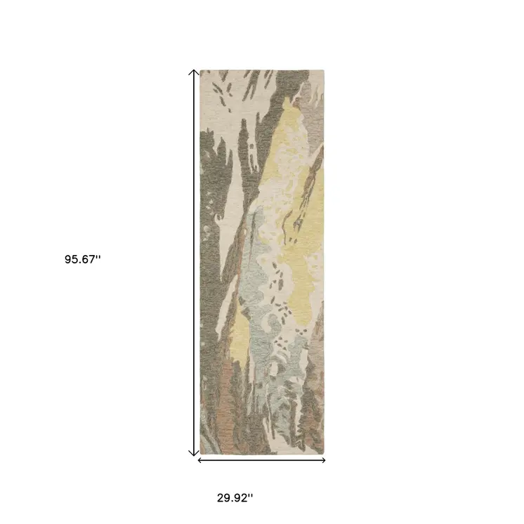 8' Beige And Yellow Wool Abstract Hand Tufted Runner Rug