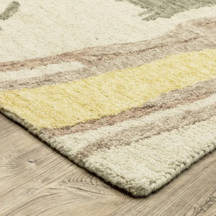 8' Beige And Yellow Wool Abstract Hand Tufted Runner Rug