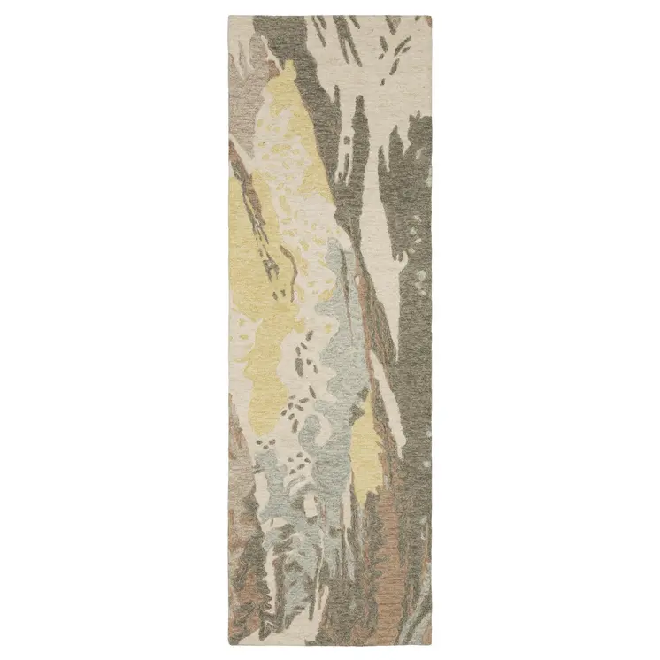8' Beige And Yellow Wool Abstract Hand Tufted Runner Rug