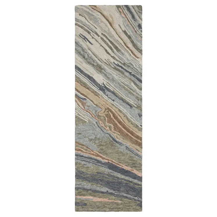 8' Gray And Blue Wool Abstract Hand Tufted Runner Rug