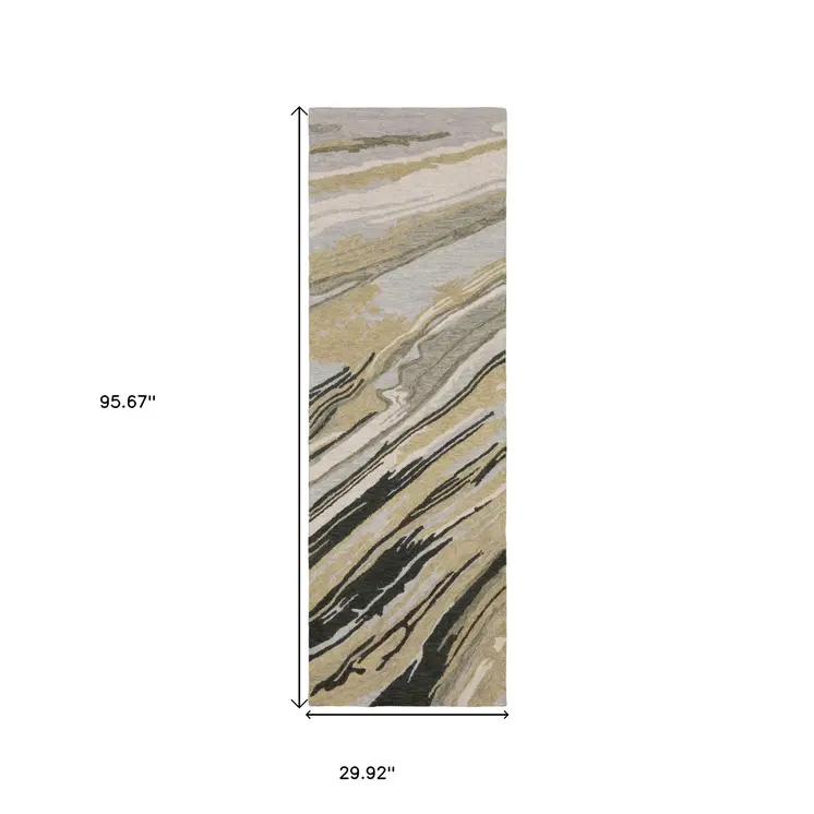 8' Gray And Gold Wool Abstract Hand Tufted Runner Rug