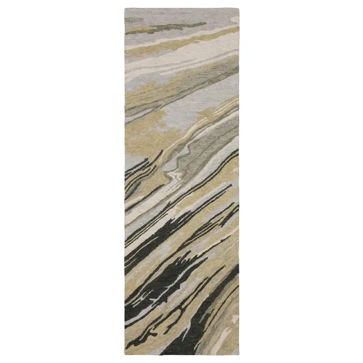 8' Gray And Gold Wool Abstract Hand Tufted Runner Rug
