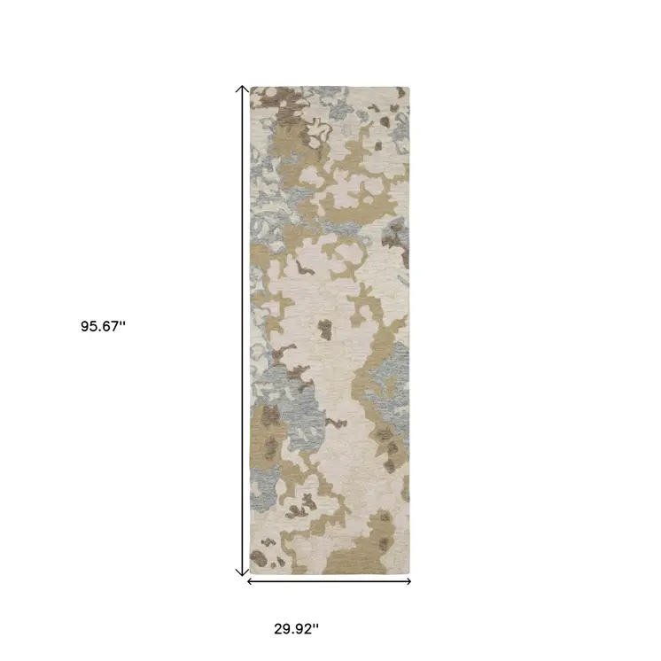 8' Beige And Blue Wool Abstract Hand Tufted Runner Rug