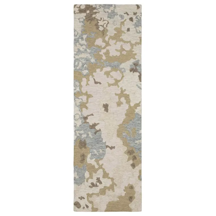 8' Beige And Blue Wool Abstract Hand Tufted Runner Rug